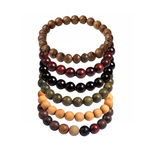 COLORFUL BLING Handmade Wooden Prayer Beaded Bracelet for Men Women Tibetan Buddhist Meditation Mala Beaded Stretch Bracelet Bangle Wood Jewelry - color: 6pcs