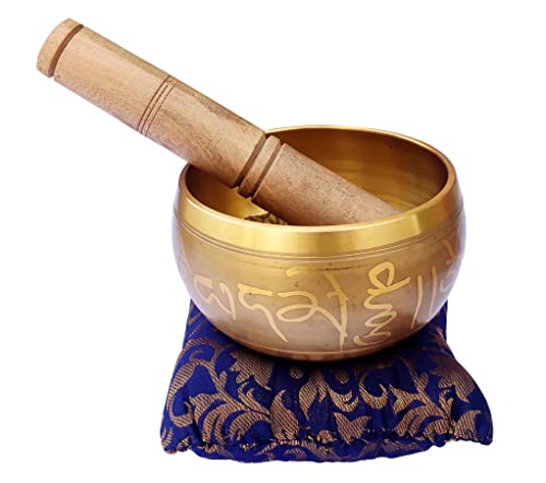 Purpledip Bell Metal Singing Bowl: Buddhist Tibetan Musical Instrument For Dhyana & Meditation (10781) - style: Scripture design | 5 inches | Gold