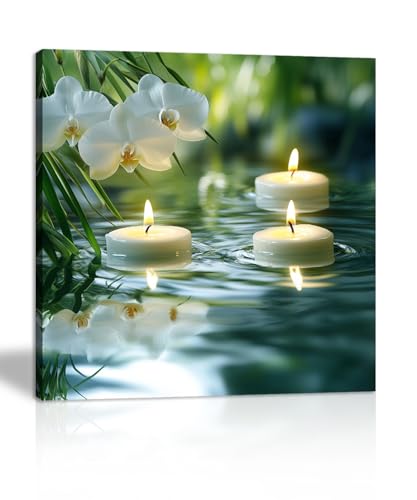 Zen Bamboo & Candle Canvas Wall Art, White Flowers in Water Print Framed, Nature Meditation Painting for Bedroom Living Room Decor(Artwork-03, 12"x12") - color: Zen Art 03, size: 12"L x 12"W
