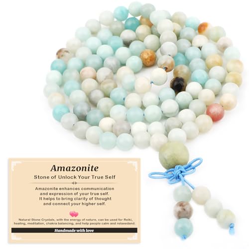AD Beads 6mm 8mm 108 Prayer Mala Jasper Elastic Bracelet - Handmade Yoga Meditation Healing Power Energy Gifts for Unisex Adult. - color: Amazonite(True Self)