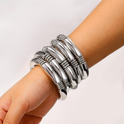 Gold Chunky Bangles Bracelets For Women 14k Gold Plated Stack Layered Curved Bamboo Tube Stretch Bracelets Gift Jewelry - color: 5pcs Silver