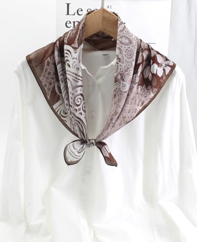 ANDANTINO 100% Mulberry Silk Square Scarf for Hair-25.6" X25.6'' Women Men Natural Silk Neckerchief Digital Printed Headscarf - color: Flowers-coffee