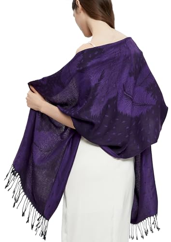 Pashmina Shawl Wrap with Ethnic Paisley Two Tone Jacquard Scarf for Women - color: Feather-purple