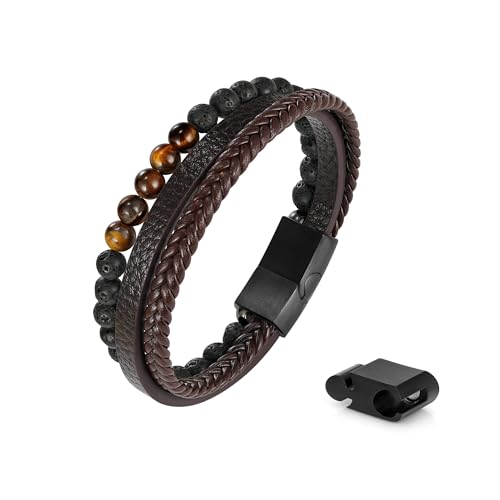 Leather Bead Bracelets for Men, Natural Tiger Eye Lava Rock Stone Bead Magnetic Clasp Adjustable Leather Bracelets Stress Relief Mens Anxiety Bracelet Mens Jewelry Gifts - style: Brown Leather-Lava Rock&Tiger Eye