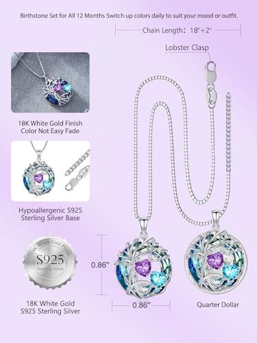 TOUPOP s925 Sterling Silver Family Celtic Tree of Life Pendant Necklaces with 2 Heart Birthstone with Blue Austrian Crystal Jewelry Birthday Valentines Day Gifts for Her, Anniversary Christmas Gifts for Wife Girlfriend Mom (18K Real White Gold Filled) - c