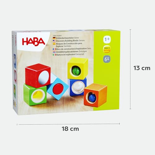 HABA Discovery Wooden Blocks - 6 Colorful Cube Building Blocks with Unique Effects for Ages 1 and Up (Made in Germany)