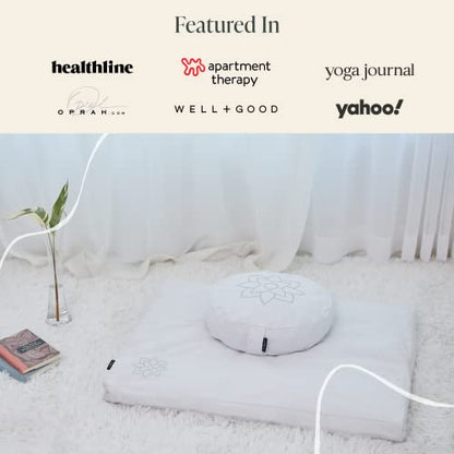 Mindful Modern Meditation Cushion & Zabuton Meditation Mat Bundle - 100% Cotton Meditation Cushion Set for Yoga - Buckwheat Zafu Floor Pillow Rectangular Mat - Removable Cover - Classic White Color
