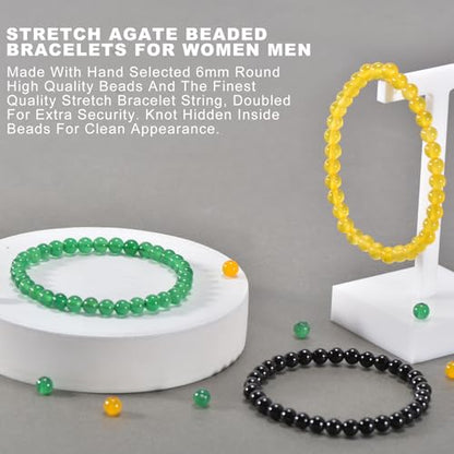 3PCS Agate Bracelet for Women Men Natural Round Beaded Agates Stone Healing Stretch Bracelets Elastic Handmade Polished Gemstone Beads Bracelet - color: Green+Yellow+Black