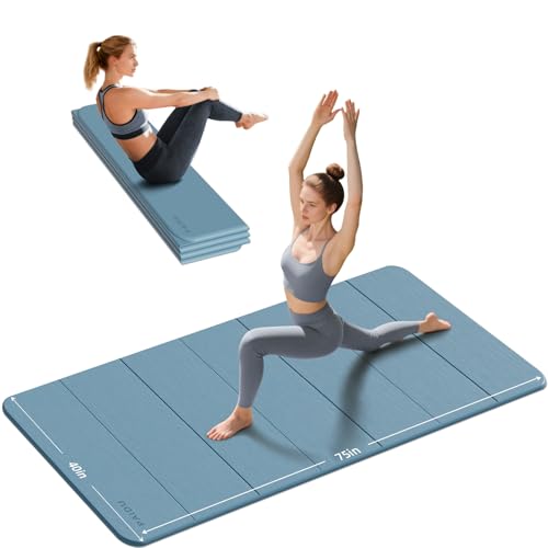 PAIDU Foldable Yoga Mat thick- 2/5" (10MM) TPE Non-Slip Design, Quick Fold，Easy Storage, 75x40 Extra Long/Wide for Indoor Yoga, Pilates and Outdoor Travel Workouts - color: Blue Gray