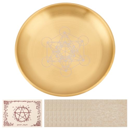 5.5Inch Gold Offering Prayer Ritual Bowl Stainless Steel Altar Ritual Plate with 12Pcs Parchment for Smudging Decoration Trays Meditation Witchcraft Candle Holder (Hexagram) - color: Gold(hexagram)