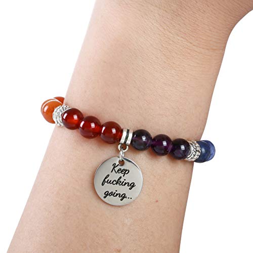 Top Plaza 7 Chakra Stone Bead Bracelets Yoga Reiki Healing Crystals Gemstone Beaded Bracelet Friendship Inspirational Message Charm Bracelet for Women Men - color: Keep going