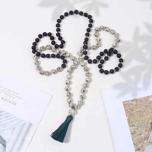 8MM Beads Chakra Long Mala Necklace Natural Stone Meditation Statement Necklace Japa Yoga Buddhist Rosary Prayer Charm Beaded Tassel Necklace - color: Spotted stone+Black Agate
