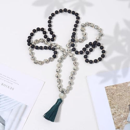 8MM Beads Chakra Long Mala Necklace Natural Stone Meditation Statement Necklace Japa Yoga Buddhist Rosary Prayer Charm Beaded Tassel Necklace - color: Spotted stone+Black Agate