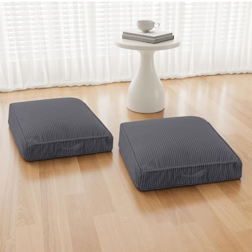 Floor Pillow for Adults Set of 2, 4" Square Floor Cushions with Washable Cover, Large Corduroy Meditation Pillow, 22 inches Tatami Seat with Handle for Living Room or Yoga, Dark Grey - color: Dark Grey, size: 22x22x4.2 inch