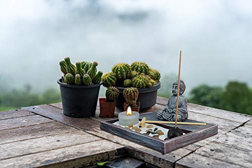 Zen Garden Deluxe Desk Meditation Garden Grey Buddha Statue with Rocks, Tea Light Holder, Rake, Incense and Incense Holder, Sand and Base - Peace & Tranquility (Candle Not Included)