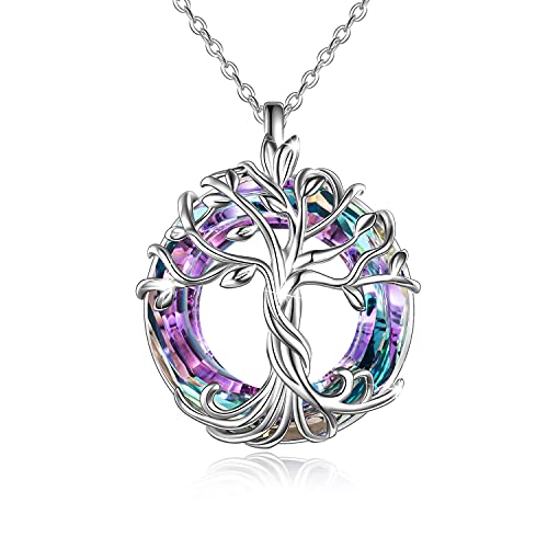 TOUPOP Tree of Life Necklace Gifts for Women 925 Sterling Silver Family Tree Pendant with Crystal Birthday Irish Jewelry Gifts for Women Her Wife Mom - color: 01-White Gold-Purple Crystal