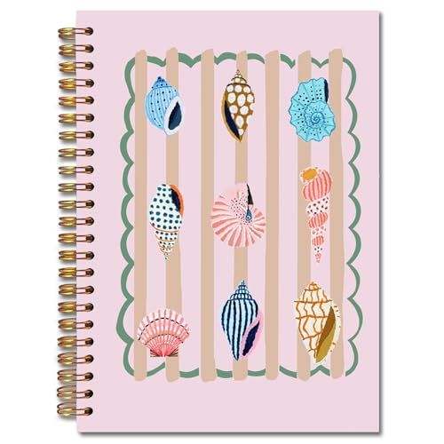 JINYO Beige Striped Beach Notebook, Pink Ocean Seashell Conch Journal, Coastal Beachy Nautical Journal, Beach Supplies for Women, Cute Ocean Spiral Notebooks 5.5x8.3 Inch(pink) - color: white Pink Seashell Notebook