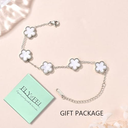 FLY FEI 18K Gold-Plated Four Leaf Clover Bracelet for Women,Adjustable lucky Bracelet Set Jewelry Gift-Hypoallergenic Charm for Birthdays, Wellness & Daily Wear - color: style02-White(silvery)