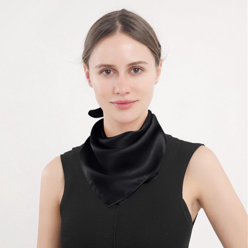 ANDANTINO 100% Mulberry Silk Scarf -21” Lightweight Square Neckerchief – Breathable Digital Printed Scarves with Gift Packed - color: Solid Color-black