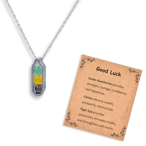 Natural Crystal Necklace Gift for New Beginnings, Crystals and Healing Stones Necklace for Anxiety Relief, Encourage Gift For Women, Mum, Natural Genuine Gemstone, Cheer Up - color: Silver, style: Good Luck