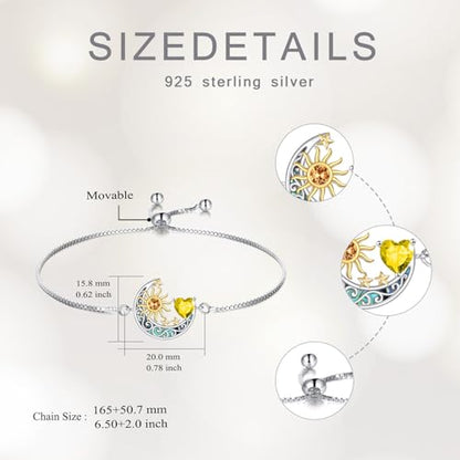 925 Sterling Silver Moon and Sun Star Adjustable Link Bracelet for Women with 12 Month Birthstone Birthday Jewelry - style: 11 - Nov.