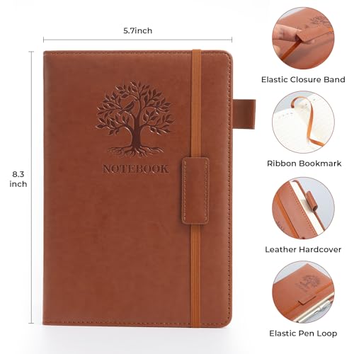 M&G Lined Journal Notebook for Men Women, 256 Pages A5 Hardcover Leather Journal, 80GSM Thick College Ruled Paper for School and Work Travel Note Taking 5.7" x 8.3", Brown
