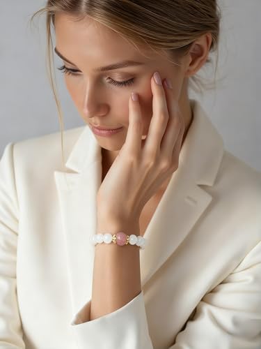 Beaded Bracelets for Women,Stretch Healing Crystal Bracelet Natural Stone Gemstone Jewelry Gifts - color: Style B-White Agate&Strawberry Quartz