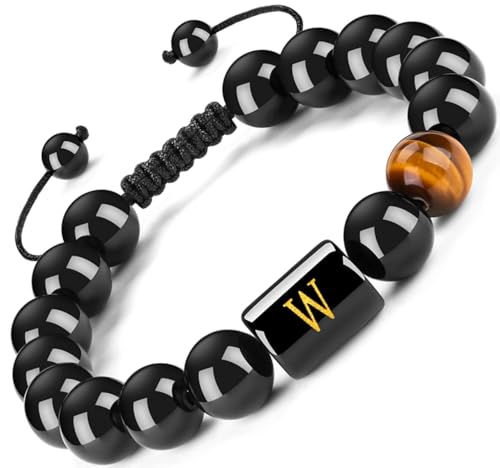 FRG Initials Bracelets for Men Letter Link Handmade Natural Black Onyx Tiger Eye Stone Beads Braided Rope Meaningful Bracelet - style: Braided rope-W