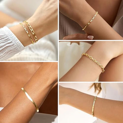Dainty Gold Bracelet for Women Stack, Thin Bracelets Stackable Set with Bangle Cuff, Box, Herringbone, Paperclip, Figaro, Sparkling Link Chains Waterproof, Simple Jewelry Gifts for Women Non Tarnish - color: style 04-gold