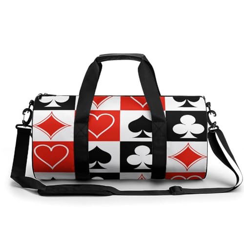 Suits Hearts Diamonds Clubs Spades Grid Poker Playing Cards Cylindrical Portable Fitness Bag, Large Capacity Handbag - color: suits hearts diamonds clubs spades Grid Poker