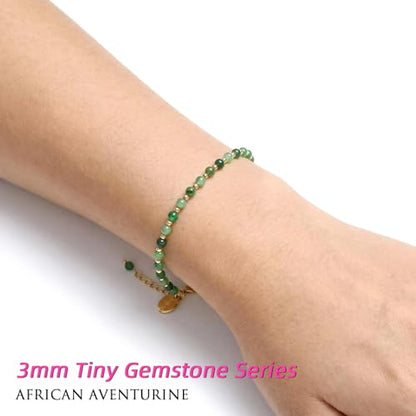 3mm Natural Gemstone Beaded Bracelet for Women, Dainty Tiny Charm Jewelry, Adjustable 7.1-8.6" Ideal Birthday Holiday Gift