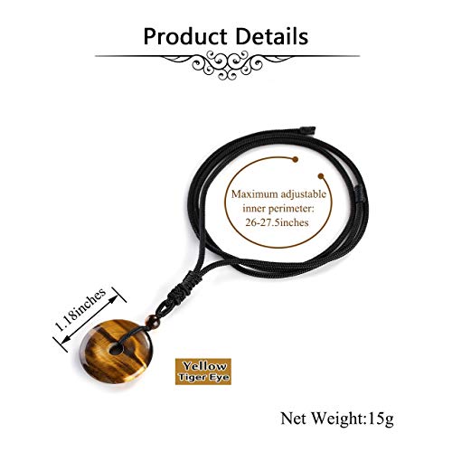 Jovivi 30mm Circle Donut Healing Crystals Necklace Natural Semi-Precious Chakra Gemstone Stone Amulet Lucky Coin Donuts Charm Protection Quartz Reiki Pendant Necklace for Men Women Adjustable Rope - color: Tiger Eye