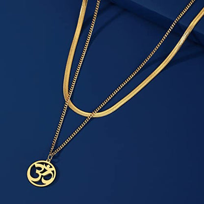 UNIFT Necklace For Women- Aum Om Ohm Sanskrit Symbol Round Pendant Beaded Double Layer Chain Charm Necklace,Hinduism Yoga Sanskrit Personalized Amulet Dainty Pendant Necklace Jewelry - color: snake bone chain - gold