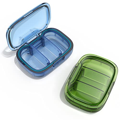 2 Pack 3 Compartment Small Pill Box, Moisture Proof Case, Travel Organizer for Pocket Purse, Daily Portable Medicine Vitamin Container, Fish Oil and Supplement Storage - color: Green+blue