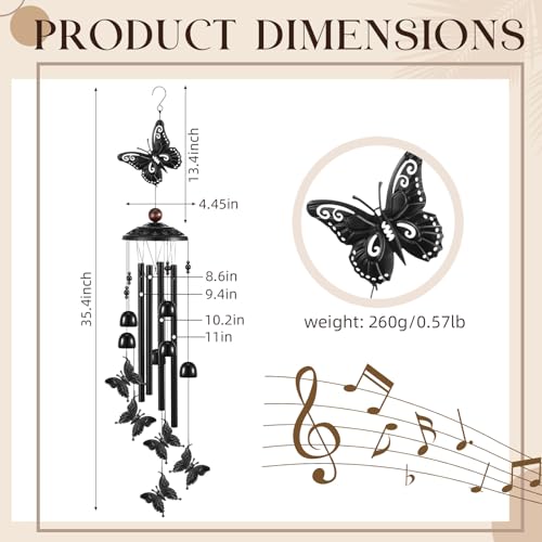 35" Christmas Butterfly Wind Chimes for Outside Garden Decor with 4 Aluminum Tubes and 6 Charming Bells for Patio Porch Yard Decor, Christmas Gifts for Women Mom Grandma(Black)