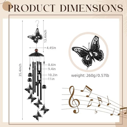 35" Christmas Butterfly Wind Chimes for Outside Garden Decor with 4 Aluminum Tubes and 6 Charming Bells for Patio Porch Yard Decor, Christmas Gifts for Women Mom Grandma(Black)