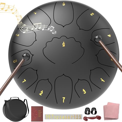 Large Steel Tongue Drum Handpan: 12 Inches 13 Notes Rain Drums for Outside Garden, Meditation Hand Pan with Music Book, Mallets and Carry Bag, Musical Instrument for Adult Kid Gift (Black) - color: Black, size: 12 Inches
