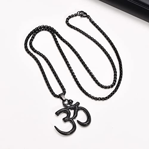 Stainless Steel Om Necklace for Men Women, gold plated/Silver/Black Yoga Charm Pendant Necklaces Aum Om Ohm Sanskrit Symbol Hindu Meditation Chain Necklace,Mens Womens Jewelry Gifts - color: Black