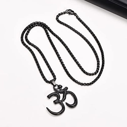 Stainless Steel Om Necklace for Men Women, gold plated/Silver/Black Yoga Charm Pendant Necklaces Aum Om Ohm Sanskrit Symbol Hindu Meditation Chain Necklace,Mens Womens Jewelry Gifts - color: Black