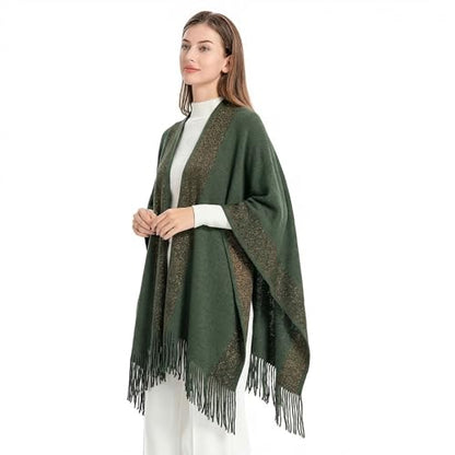 ZLYC Women's Shawl Golden Trim Knit Blanket Wrap Fringe Poncho Coat Cardigan - color: Green