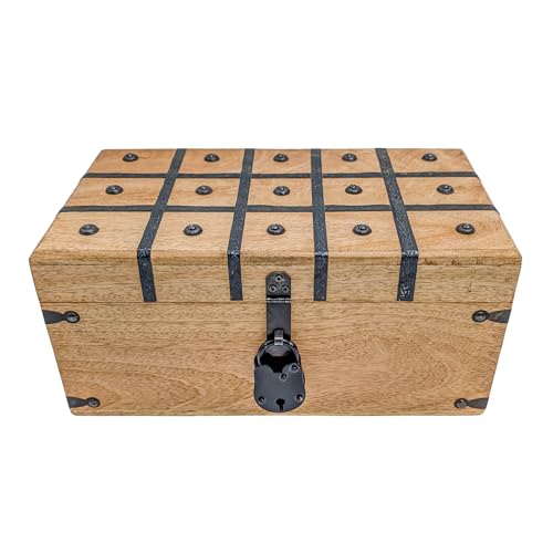 Handmade Pirate Treasure Chest - Rustic Decorative Jewelry - Wooden Storage Box with Iron Lock & Skeleton Key (XL 14.5 x 8 x 7) - size: XL 14.5 x 8 x 7