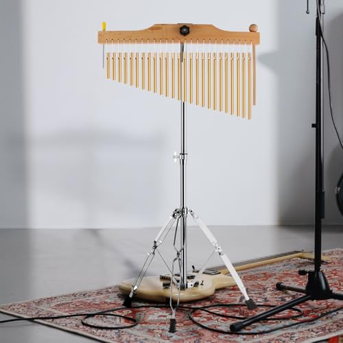 EASTROCK 25 Note Chimes Musical Instruments Percussion Instrument Single-row Chime Bar Chimes Percussion Height-Adjustable Stand Gold - color: 25note Gold