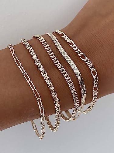 DEARMAY Gold Bracelets for Women Waterproof, 14K Gold Plated Stackable Jewelry Sets Non Tarnish Trendy Thin Dainty Cuban Link Paperclip Chain Bracelet Stack Fashion Accessories Gifts for Womens - style: 5Pcs BRACELET A SL