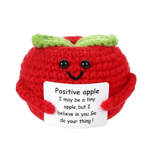 Positive Energy Crochet Apple Gift with Inspiring Affirmation Card Fun Emotional Support Present for Women and Men Perfect Birthday and Office Desk Decor - color: Apple