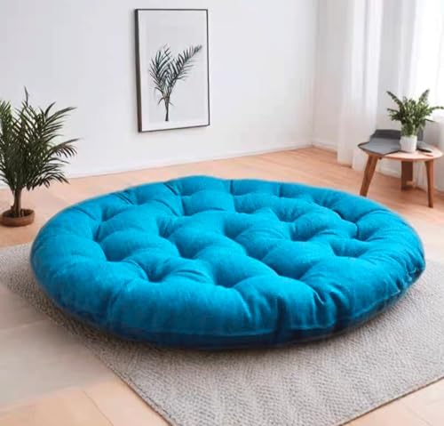 Large Round Futon, Linen Floor Pillow,Thicken Tufted Cotton Seat Cushion,Solid Color Floor Cushion,Yoga Meditation Cushion Balcony Outdoor(Size:65x65cm(26x26inch),Color:Blue1)