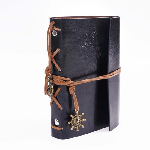 Leather Writing Journal Notebook, 5-inch Timeless Nautical Spiral-Bound Notebook featuring Blank, Unlined Sheets, Vintage-Style Pendants, Intricate Embossing, Suitable for Sketches and Musings, Diaries, Travel Logs - color: Black