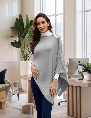 PULI Women's Versatile Knitted Shawls Scarf Poncho Sweater with Buttons Lightweight Spring Summer Fall Wraps - color: A-gray