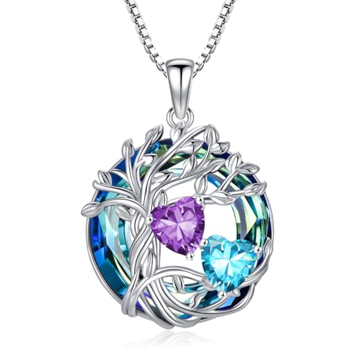 TOUPOP s925 Sterling Silver Family Celtic Tree of Life Pendant Necklaces with 2 Heart Birthstone with Blue Austrian Crystal Jewelry Birthday Valentines Day Gifts for Her, Anniversary Christmas Gifts for Wife Girlfriend Mom (18K Real White Gold Filled) - c