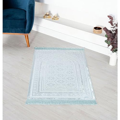 Modefa Luxury Velvet Prayer Rug with Prayer Beads | Soft Elegant Muslim Turkish Janamaz Sajada Carpet for Men and Women | Plain Solid Prayer Mat Ramadan Eid Gift - Najma (Blue) - color: Najma Turquoise Blue