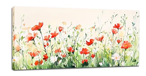 Floral Large Canvas Wall Art Abstract Poppy Flowers Pictures Wall Decor Wildflowers Prints Painting Framed Artwork Decoration for Bedroom Living Room Dining Room Office 60"x30" - color: Red flowers